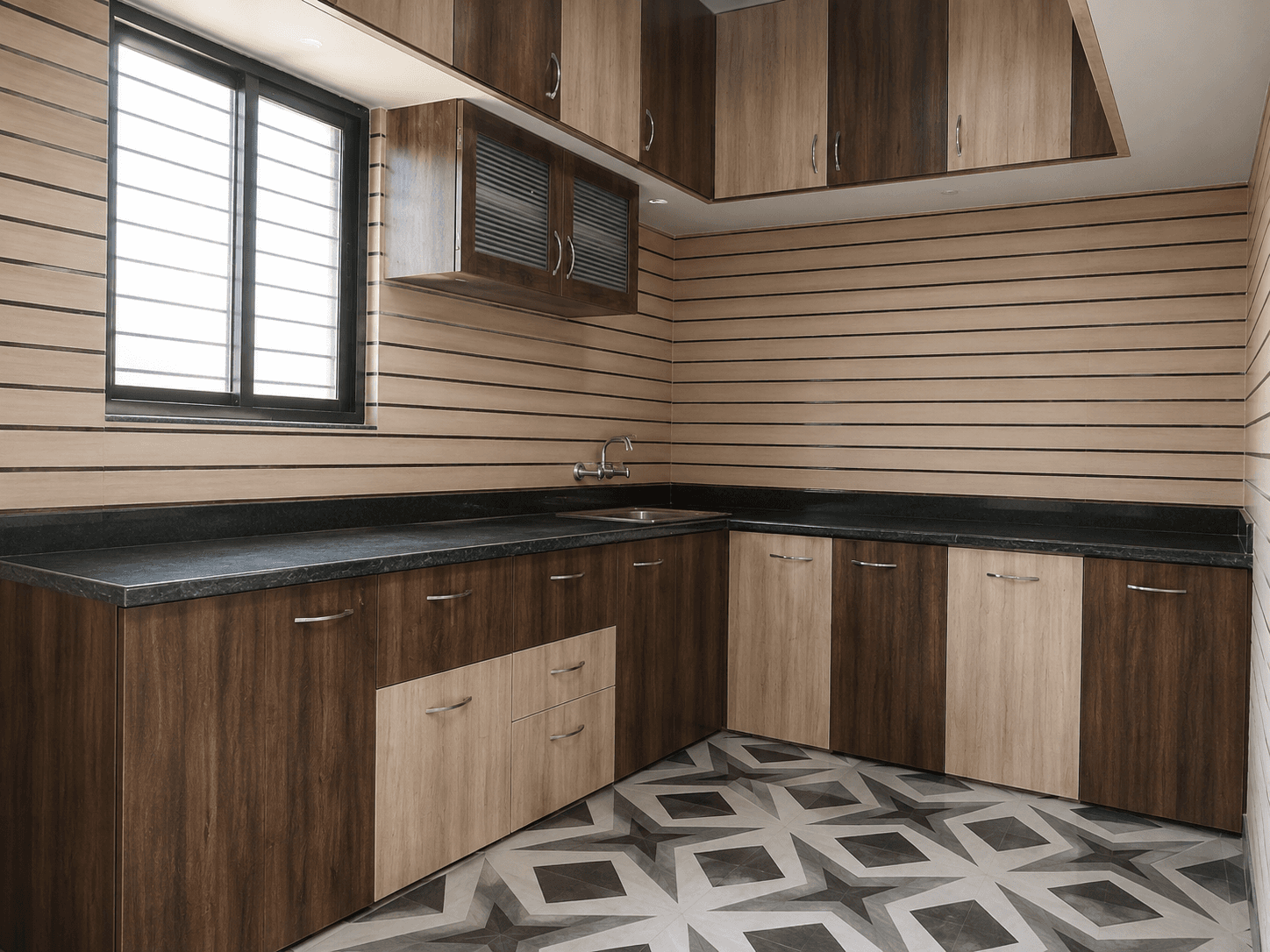 L-Shaped Kitchen with Pattern Floor